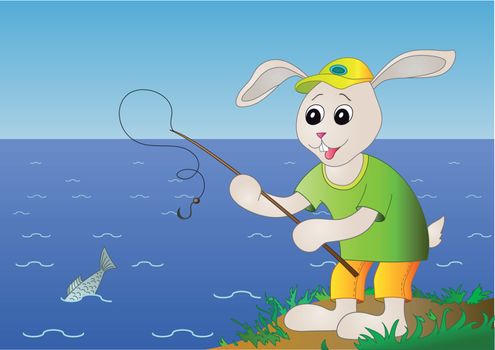 Cartoon rabbit fisherman fishes in the sea. Vector