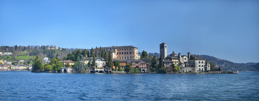 Panorama view of San Giulio island on Lake Orta in Italy