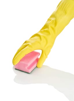 one hand with pink sponge