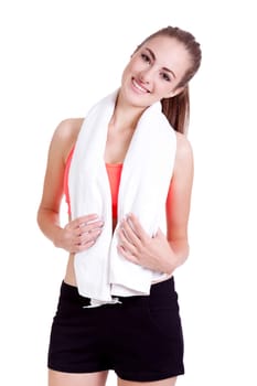 young attractive woman with towel sports outfit isolated on white background