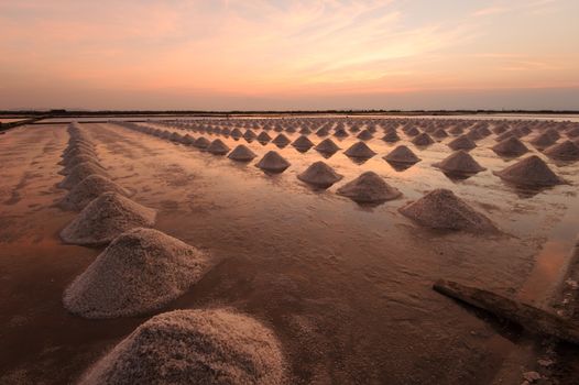 Beautiful landscape of a summer with a salt farm in T้hailand.