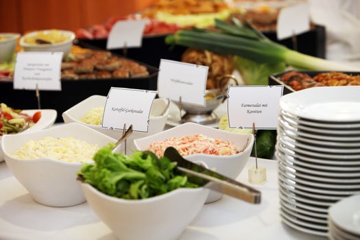 Salads in dishes on a buffet table