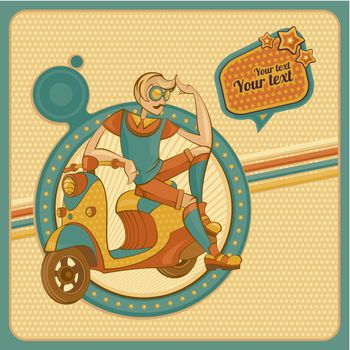 Card with man on scooter in retro style