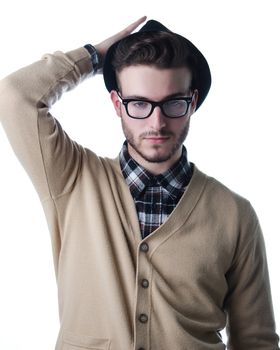 Attractive young man, stylish clothes with black hat and glasses