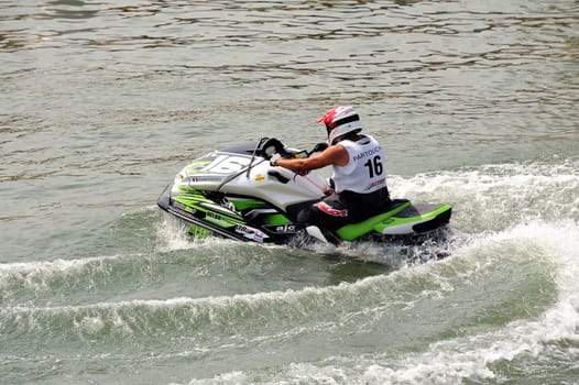 Ales - France - on July 14th, 2013 - Championship of France of Jet Ski on the river Gardon. Herv� Partouche stops his machine in a tight turn
