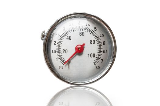 Closeup of a pressure meter on white background