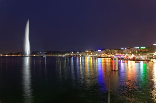 Geneva water jet on Lake Leman at night