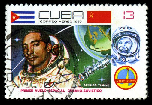 CUBA - CIRCA 1981: A stamp printed in CUBA, 20th anniversary of first flight into space , 13 centavos. astronauts Arnaldo Tamayo Mendez, Yuri Gagarin ,circa 1981