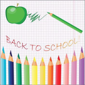 Back to school, school books with apple on desk, vector Eps10 illustration