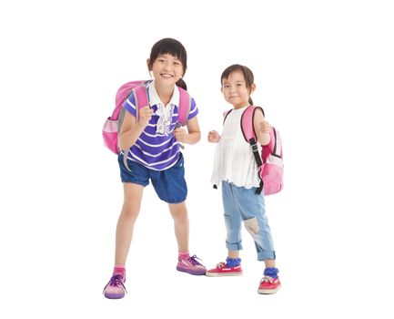 happy little girls with backpack