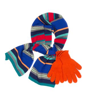 striped scarf and orange gloves  isolated on white background