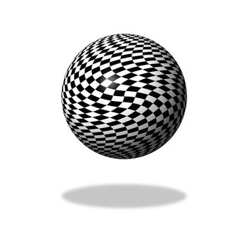 Abstract black and white chessboard globe on white background with shadow.