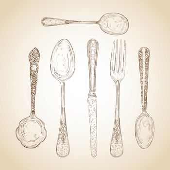 Vintage cutlery hand drawn set