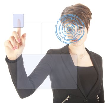 Young woman with security iris and fingerprint scan isolated on white background