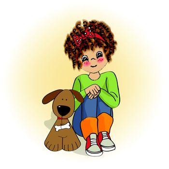 curly little girl and her dog