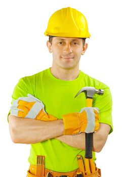 construction worker holding claw hammer
