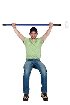 Tradesman sitting on an invisible object and holding up a paint roller