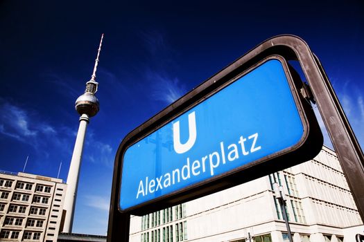 U-bahn Alexanderplatz sign and Television tower. Berlin, Germany