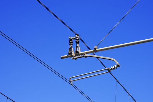 Railroad overhead lines against clear blue sky