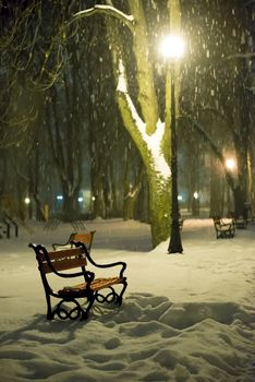 Red bench in the park with falling snow at night