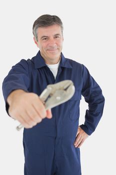 Portrait of mechanic holding vise grip