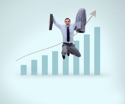 Screaming businessman jumping against a graphical presentation in background