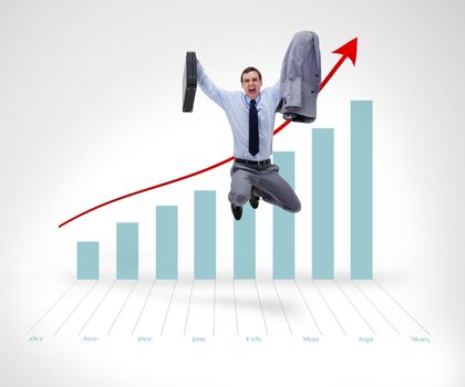 Successful businessman jumping before graphical presentation