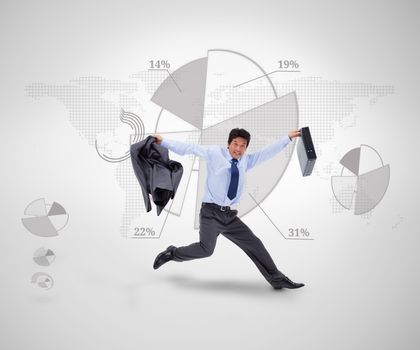 Businessman jumping against a graphical presentation