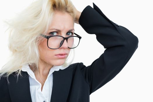 Closeup portrait of frustrated business woman scratching head