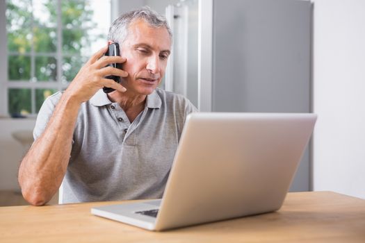 Mature man using his laptop and calling