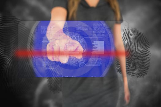 Businesswoman touching fingerprint interface touchscreen