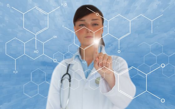 Brunette doctor touching screen displaying chemical formula 