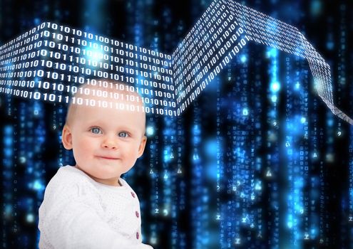 Portrait of baby with matrix background 