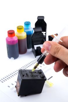 Injecting ink cartridge. Set of refill inkjet for print.