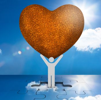 White human representation holding a big brown heart