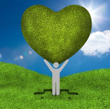 Human representation holding a big green heart