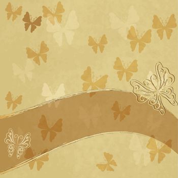 Old spotted paper with translucent butterflies and gold butterfly and distorted translucent space for text (vector EPS 10)