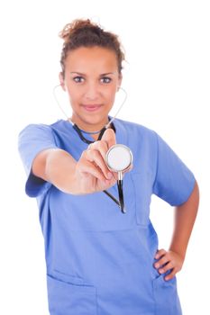 Young doctor with stethoscope  isolated on white background
