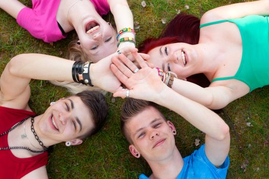 Four teenagers are having fun in the grass