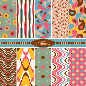 Collection of 10 geometric colorful seamless pattern background. Great for web page backgrounds, wallpapers, interiors, home decor, apparel, etc. Vector file includes pattern swatch for each pattern.