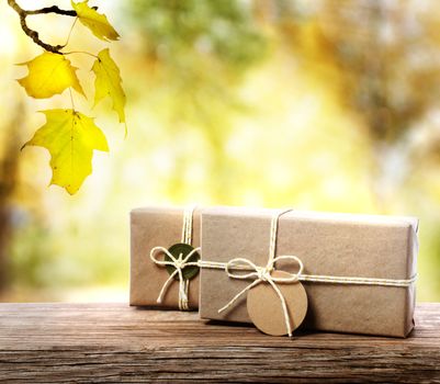 Handcrafted gift boxes  with an autumn foliage background