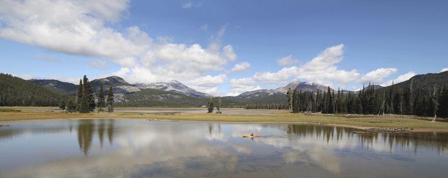 Sparks Lake in Deschutes National Forest Oregon with Three Sisters Mountains and Water Reflection Panorama