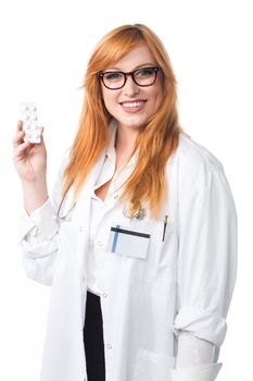 Young lady doctor showing medicine