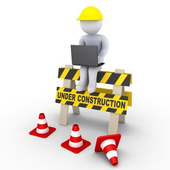 3d worker with laptop is sitting on an under construction sign
