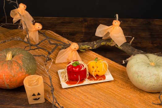 Fake pumpkins with pasta worms