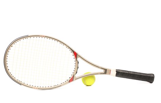 Gray tennis racket and yellow ball.