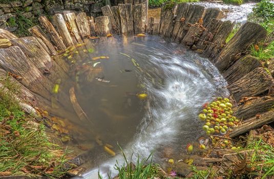 wood pit with water and apples