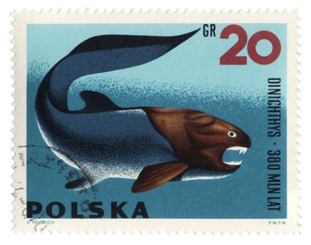 Prehistoric fish Dinichthys on post stamp