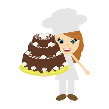 girl cook with big cake on white background