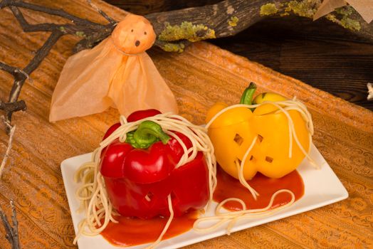 Fake pumpkins with pasta worms